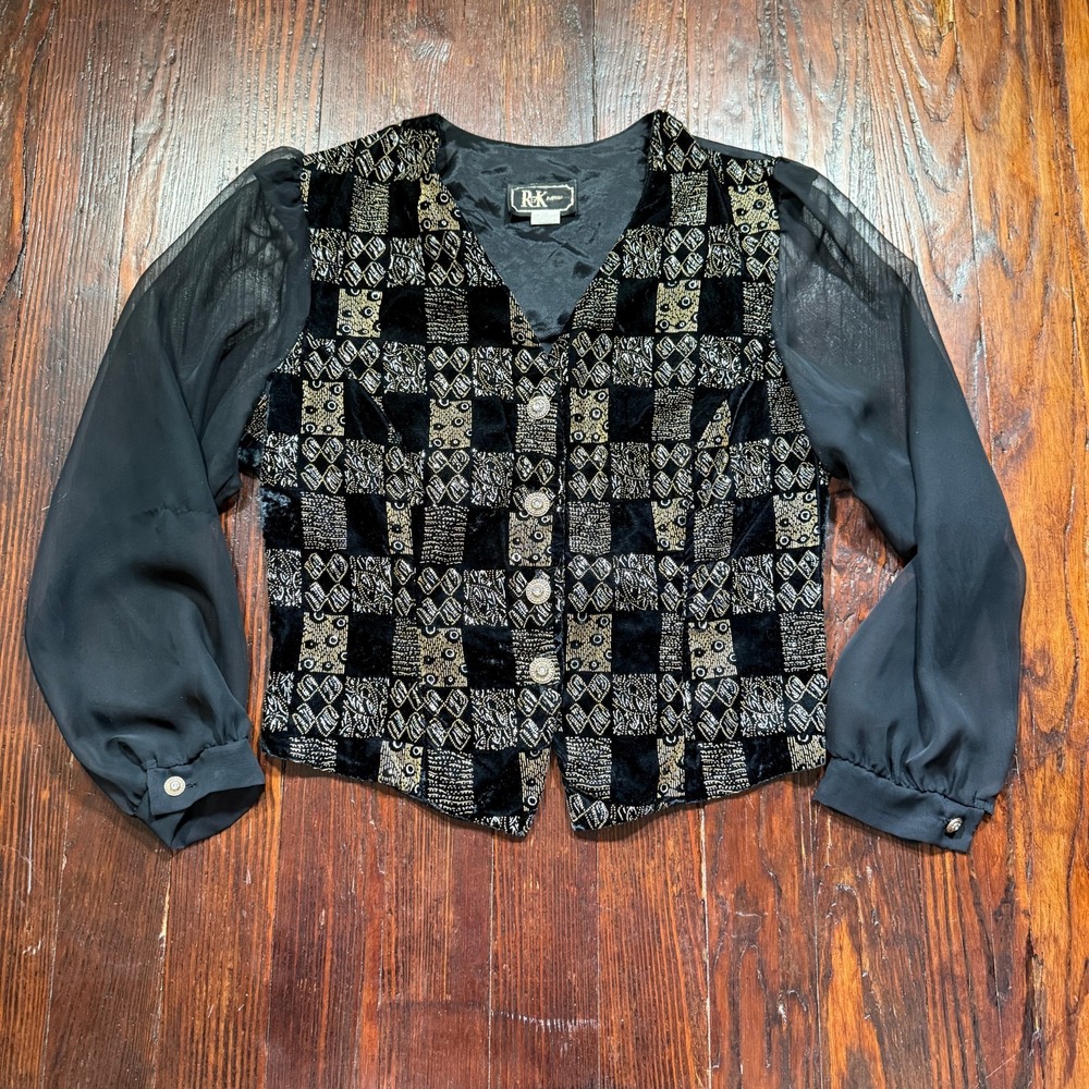 Vintage RK Evening Jacket Women XL Black Metallic Beaded Puff Sleeve MADE IN USA
